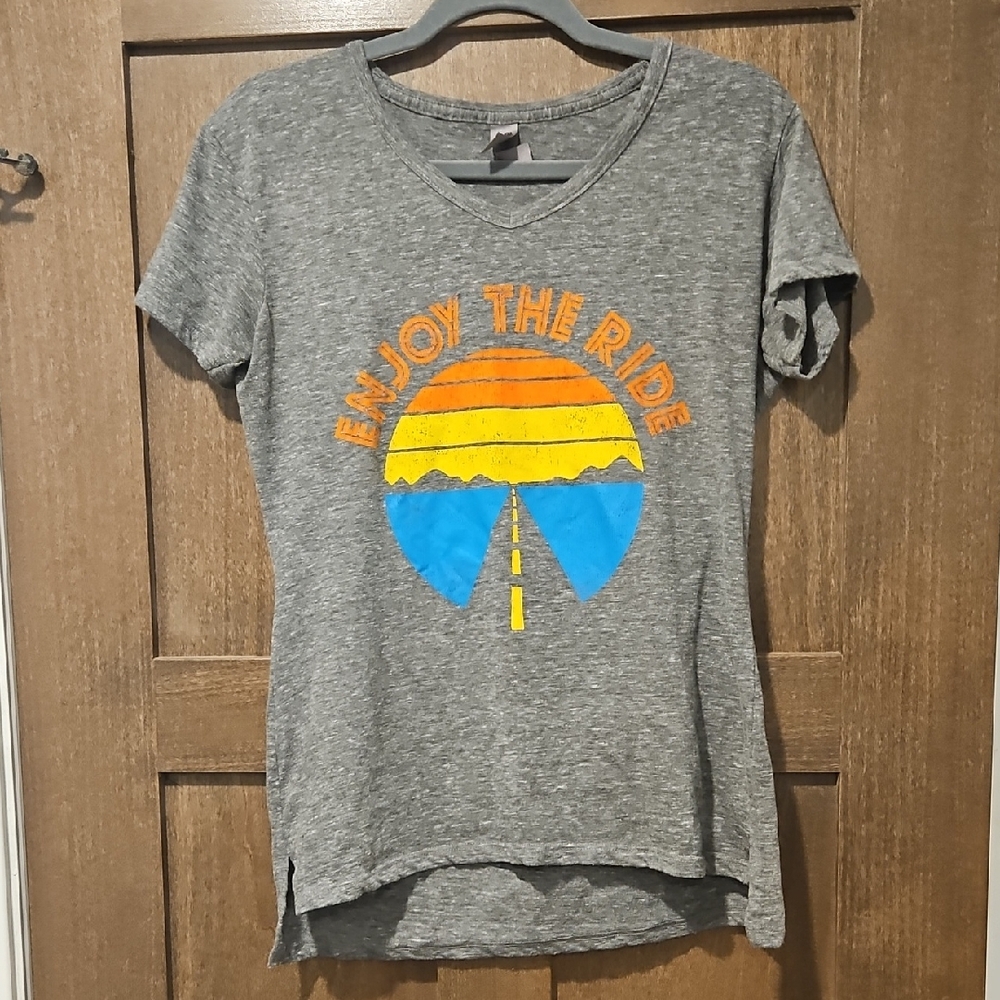 Enjoy The Ride Graphic Tee - Gray with Orange, Yellow & Blue Size M